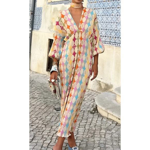 Commense Boho Jacquard Maxi Colorful Diamond V Neck Party Dress Large New W12 - Picture 1 of 9